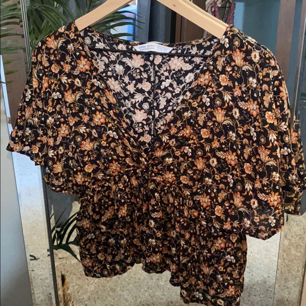 Black and Orange Zara floral V-neck blouse